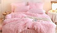 HAIHUA Fluffy Pink Comforter Cover Queen Set，Faux Fur Pink Bedding Sets Queen 3 Pieces(1 Plush Duvet Cover +2 Shaggy Pillowcases) Fuzzy Pink Bed Set, (Pink, Queen)