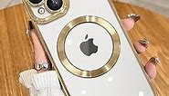 KELUOAS Magnetic Matallic Glossy Clear for iPhone 15 Pro Case with Full Camera Cover Protection [No.1 Strong N52 Magnets] [Military Grade Drop Protection] for Women Girls Magsafe Phone Case-Gold