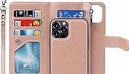 iCoverCase for iPhone 13 Pro Max Wallet Case with Card Holder and Wrist Strap, PU Leather Kickstand Card Slots Zipper Pocket Magnetic [Detachable] Flip Cover Case 6.7 Inch (Rose Gold)