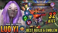32 Kills + MANIAC!! Best Luo Yi One Shot Build and Emblem!! - Build Top 1 Global Luo Yi ~ MLBB