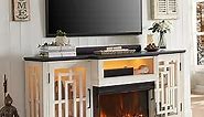 JXQTLINGMU 3-Sided Glass Fireplace TV Stand for 75 Inch TV w/LED Light, Farmhouse Highboy Entertainment Center with 26in Electric Fireplace, Large Media Console with 2 Storage Cabinet, Antique White