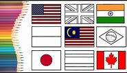 How to Draw & Colour Book Page for Kids - 11 Nation Flags