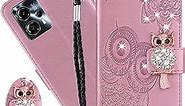CCSmall for Motorola Moto G13 Wallet Case for Women, Glitter Bling Diamond PU Leather Folio Cover with Card Slot Wrist Strap Built-in Kickstand Case for Motorola Moto G13/G23/G53 Owl Rose Gold