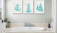 OuElegent Nautical Canvas Wall Art Teal Anchor Lighthouse Sailboat Prints Picture Abstract Ocean Seascape Painting Artwork for Living Room Bathroom Office Decor Framed Ready to Hang 3 Panels