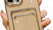 HYUEKOKO Compatible for iPhone 13 Pro Max 6.7 Inch Bling Plating Case with Card Slot, Cute Clear Glitter Phone Case for Women Girls Soft TPU Shockproof Back Cover for iPhone 13 Pro Max Gold