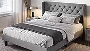 Allewie Full Size Bed Frame with Button Tufted Wingback Headboard, Modern Fabric Upholstered Platform Bed Frame with Strong Wood Slat Support, No Box Spring Needed, Easy Assembly, Light Grey