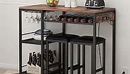 Gyfimoie Bar Table and Chairs Set with Power Outlet, Pub Table and Chairs Set for 2 with 2 Storage Shelves, 3 Piece Table Set with Wine Rack&Glass Holder for Living Room,Dining Room,Small Apt (Rustic)