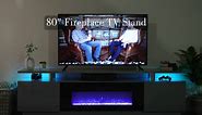 80" Fireplace TV Stand, Modern High Gloss Finish Media Console with 40" Electric Fireplace, Open Storage Entertainment Center for TVs Up to 90" with LED Lights, Black