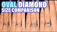 Oval Shaped Diamond Size Comparison on Hand Finger Engagement Ring Cut .75 Carat 2 ct 1 3 4 1.5 .25