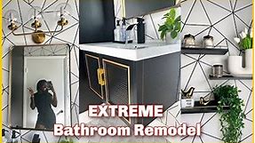 DIY MOODY Bathroom Remodel | PEEL AND STICK FLOORS , WALLPAPER + BLACK CEILING
