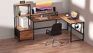 GreenForest 70" L Shaped Desk with Power Outlets & Printer Shelf,Reversible Computer Desk with Drawer & Monitor Stand,Home Office Gaming Desk with Storage Space,Black