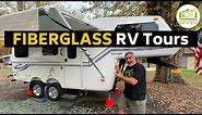 4 Small Fiberglass Camper Trailers with Bathrooms and a Lightweight Fiberglass 5th Wheel RV Too!