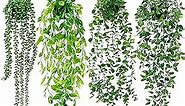 Artificial Hanging Plants for Shelf, 4 Pack Fake Potted Greenery Faux Eucalyptus Vine, Mandala Vine, String of Pearls,Pea pod Leaves in Pot for Office Living Room Bathroom Indoor Outdoor Décor