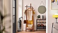 Aibiju Coat Rack with Unique Design, White Coat Stand with Storage Shelf and 3 Top Rod, Coat Tree Easy to Assemble and Sturdy, for Suits Clothes Jacket Hat Umbrella White YD-1441