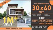 30x60 House Design 3D | 1800 Sqft | 200 Gaj | 5 BHK | Modern Design | Terrace Garden | 9x18 Meters