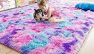 Noahas Soft Fluffy Rugs for Girls Bedroom Shaggy Kids Rug, Cute Colorful Unicorn Room Decor Carpet, Colorful Shaggy Nursery Area Rugs Pastel Tie Dye Rugs Machine Washable, 3x5 Feet, Red/Purple