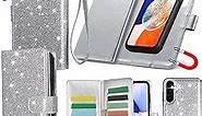 Varikke for Samsung Galaxy A14 5G Case, Detachable Magnetic for Samsung A14 5G Case Wallet with Card Holder Kickstand Wrist Strap Glitter PU Leather Flip Phone Cases for Women Men 6.6", Silver