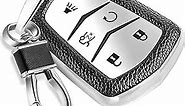 CTRINEWS for Cadillac Key Fob Cover with Leather Keychain, Advanced Soft TPU Surface Leather Grain Key Fob Case for 2015-2019 Cadillac Escalade CTS SRX XT5 ATS STS CT6(Silver)