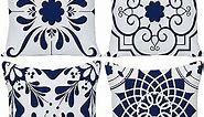 GUHOO Dark Blue Geometric Flower Decorative Throw Pillow Covers 18 x 18 Inch, Set of 4 Abstract Couch Pillows for Living Room Square Pillow Cases Patio Sofa Home Decor