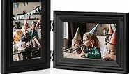 4x6 Double Hinged Picture Frame Folding Photo Frame Vertical and Horizontal in Black Pine Wood with Real Glass for Tabletop X2-HEI-SH46