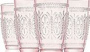 CREATIVELAND Colored Vintage Drinking Glasses Set of 4, 15.5 oz Romantic Embossed Water Glasses, Colored Tumblers Tempered Glass for Juice, Beverages, Beer, Cocktail (Pink)