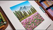 Oil Pastel landscape #60 / How to Paint Forest Nature for Beginners _ Healing ASMR Drawing