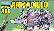 How to draw and paint a cartoon Armadillo in watercolour - Animal ABC Series