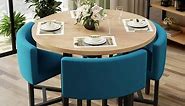 40" Round Wooden 4 Person Dining Table with Blue Upholstered Chairs Set for Nook Balcony | Homary
