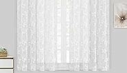 DWCN White Floral Lace Sheer Curtains - Rod Pocket Window Voile Sheer Drapes for Bedroom Kitchen Short Curtains 52 x 45 inch Length, Set of 2 Curtain Panels