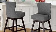 Counter Height Bar Stools Set of 2, 26" H Swivel Bar Stool with Back, Linen Fabric Counter Stool, Solid Wood Legs, Retro Upholstered Barstools for Kitchen Island, Home Bar, Pub, Gray