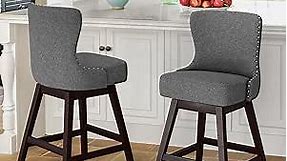 Counter Height Bar Stools Set of 2, 26" H Swivel Bar Stool with Back, Linen Fabric Counter Stool, Solid Wood Legs, Retro Upholstered Barstools for Kitchen Island, Home Bar, Pub, Gray