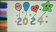 How to Draw Happy 😊 New Year 2024 Balloons | Easy Balloons Drawing and Coloring for Kids