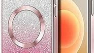 Hython for iPhone 12 Case Clear Magnetic Glitter Phone Cases [Compatible with MagSafe] Full Camera Lens Protector Slim Gradient Sparkle Luxury Plating Shockproof Protective Cover Women Girls, Pink