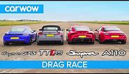Supra vs Cayman GTS vs TT RS vs Alpine A110 - DRAG RACE, ROLLING RACE & BRAKE TEST