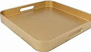 Square Gold Decorative Serving Tray with Handles, Versatile Ottoman Tray for Coffee Table, Entertaining, Outdoor Patio, Living Room, 13”*13”*1.6”