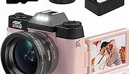 VETEK Digital Cameras for Photography, 4K 48MP Vlogging Camera 16X Digital Zoom Manual Focus Students Compact Camera with 52mm Wide-Angle Lens & Macro Lens, 32G Micro Card and 2 Batteries (Pink)