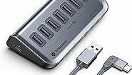 Yottamaster USB-C 3.2 Hub 7 Ports, USB Hub Powered 5V / 3A, USB 3.2 Gen2 10Gbps Data Hub with USBA to USBC Cable Right Angle for Laptop, PC, Mobile HDD, and More(3.2ft)