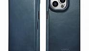 Husa pentru iPhone 14 Pro Max, iCarer, din piele naturala, compatibil MagSafe, tip carte cu clapeta curbata, inchidere magnetica, buzunar card, Albastru Navy blue - eMAG.ro