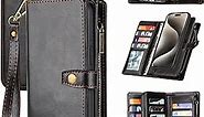 for iPhone 15 Pro Max Wallet Case with Card Holder,Faux Leather Phone Case for Women Men,Magnetic,Kickstand,Wrist Strap,Zipper(Black)
