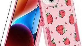 MZELQ for iPhone 14 Case Strawberry Cute Pattern, Shockproof Cute Phone Case for Girls Women + 1* Screen Protector, Full Body Protection Anti-Skid Heavy-Duty Cover-Pink