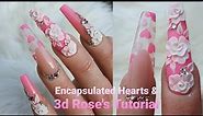 Encapsulated 3d hearts And 3d Acrylic Rose's Using Glitterbels Acrylic Nails | uñas acrilicas