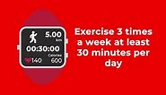 An animation smartwatch with workout interface, exercise 3 times a week for 30 minutes per day and World Health Day word on red background.