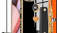 Likiyami (3in1 for Motorola One 5G Ace Phone Case Heart Women Girls Girly Cute Luxury Pretty with Stand Cases Black Gold Plating Love Hearts Aesthetic Cover+Screen+Chain for Moto One 5G UW Ace 6.7"