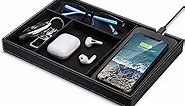 Valet Tray, Built in Wireless Charging Pad, Nightstand Organizer, Dresser Organizer, Mens Jewelry Box, Valet Charging Station, Faux Leather Valet Tray for Men and Women, (Black)