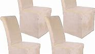 Colorxy Velvet Stretch Chair Covers for Dining Room, Soft Removable Long Solid Dining Chair Slipcovers Set of 4, Beige