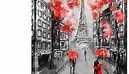 iKNOW FOTO Modern Giclee Canvas Prints Paris Black and White with Eiffel Tower Red Umbrella Couple Wall Art Landscape Wall Decor Paintings on Canvas Framed Ready to Hang for Bedroom 24x32inch