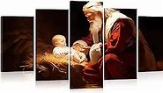 MOSTUNNA Nativity Canvas Wall Art 5 Piece Santa Claus and Baby Jesus in Manger Painting Prints Christ Artwork Christmas Wall Decor Framed Ready to Hang (Santa Claus-2, 12x20inx2 12x30inx2 12x40inx1)
