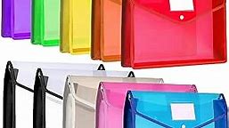 10 Pieces Plastic File Folders Envelope Expanding File Wallet Organizer Documents Folder with Snap Closure and Pocket, A4 Size Waterproof Transparent File Pouch for School (Horizontal, Multicolor)