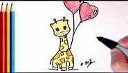 (fast-version) How to Draw Cute Giraffe with Heart Balloon - Step by Step Tutorial