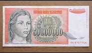 50,000,000 Yugoslavian Dinars Banknote (Fifty Million Dinars Yugoslavia: 1993)